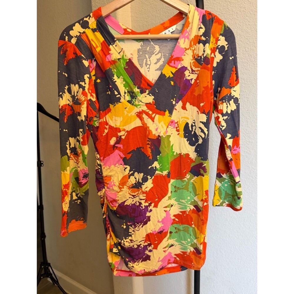 CAbi Orange and Pink Watercolor Abstract Paint Splatter Tee M